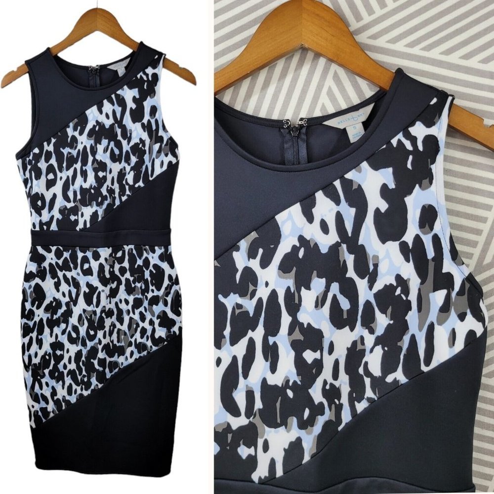 Belle Sky Size Small Cocktail Sheath Dress LBD Career Black Animal Print Scuba
